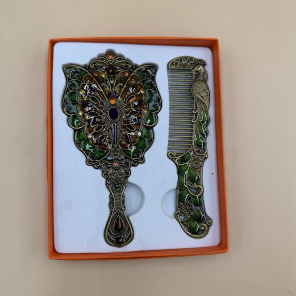 Vintage Style Butterfly Peacock Vanity Mirror & Comb Set Jeweled Enamel - Picture 3 of 5